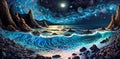 Fantasy landscape with sea, mountains, moon and stars on night sky. Digital painting Royalty Free Stock Photo