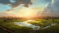 Fantasy Landscape: A Serene River In Golden Light