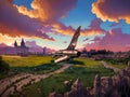 fantasy landscape set in middle ages with abandoned plane from the future Royalty Free Stock Photo