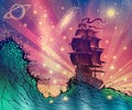 Fantasy landscape with ship on sea waves digital vector art, seascape fairy tale illustration with vessel, sun rays, blue green