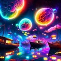 Fantasy landscape with ships and clouds in the night sky. Vector illustration Generative AI