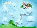 Fantasy landscape with stairways and bike over the clouds