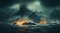 Fantasy landscape with stormy sea Royalty Free Stock Photo