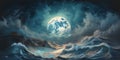 Fantasy landscape with stormy sea and full moon. 3D illustration Royalty Free Stock Photo