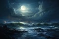 Fantasy landscape with a stormy sea and moon. Generative AI Royalty Free Stock Photo