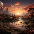 Fantasy landscape with sunset, river, mountains, and castles under a starry sky with a large moon
