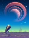 Fantasy landscape with telescope and view on space with magic pink planet like Jupiter or Saturn with rings and dark blue sky