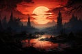 Fantasy landscape with temple and river at sunset. Digital painting. AI generated Generative AI Royalty Free Stock Photo