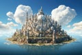 Fantasy landscape with a fantasy temple on the water. 3d rendering, world domination, AI Generated