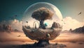 Fantasy landscape with a tree in a glass sphere. 3d rendering Royalty Free Stock Photo