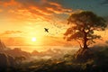 Fantasy landscape with trees and birds flying in the sky at sunset. Generative AI Royalty Free Stock Photo