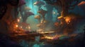 Fantasy fantasy landscape with trees, bridge and pond. 3d illustration