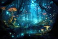 Fantasy landscape with trees, river and lights. 3d rendering, An ethereal forest with bioluminescent mushrooms and insects, AI Royalty Free Stock Photo