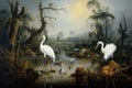 Fantasy landscape with two storks in a swamp, digital painting, A shallow river with transparent water and a group of herons