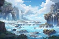 Fantasy landscape with waterfall and blue sky. 3D illustration. sky-blue and brown, intricate landscapes, environmental