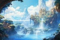 Fantasy landscape with waterfall and fairy tale castle. Digital painting. a reimagined ancient sea waterfall in this illustration Royalty Free Stock Photo