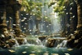 Fantasy landscape with waterfall and falling paper notes. 3D rendering, River of money, concept of Wealth and Abundance, AI