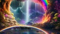 Fantasy landscape with waterfall and rainbow, 3d render. Computer digital drawing, A magical rainbow waterfall pouring down into a