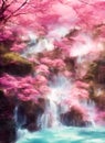 Fantasy landscape with waterfalls, forest and cherry blossoms Royalty Free Stock Photo