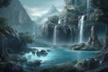 Fantasy landscape with waterfalls at sunset. Generative AI