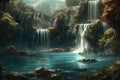 Fantasy landscape with waterfalls at sunset. Generative AI