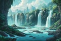 Fantasy landscape with waterfalls at sunset. Generative AI