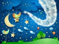 Fantasy landscape with wave of sparkles, musical note and singing bird