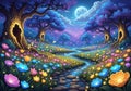 A fantasy landscape with a winding path through a vibrant forest at night. Large trees Royalty Free Stock Photo