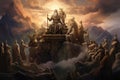 Fantasy landscape with the wise men on the throne. 3d illustration, A legendary meeting of Greek gods atop Mount Olympus, AI