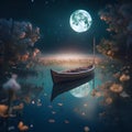 Fantasy Landscape With A Wooden Boat On The Lake And A Full Moon