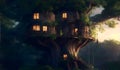 Fantasy landscape with a wooden house on a tree Royalty Free Stock Photo