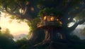 Fantasy landscape with a wooden house on a tree Royalty Free Stock Photo