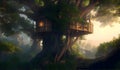 Fantasy landscape with a wooden house on a tree Royalty Free Stock Photo