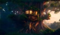 Fantasy landscape with a wooden house on a tree Royalty Free Stock Photo