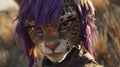 Fantasy Leopard Character with Purple Hair in a Magical Meadow