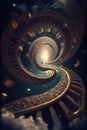 Fantasy library with spiral stairs to the sky. Generative Ai Royalty Free Stock Photo