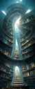 Fantasy library with spiral stairs to the sky. Generative Ai Royalty Free Stock Photo