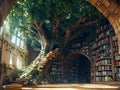 Fantasy library with tree, bookshelves, and natural light Royalty Free Stock Photo