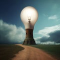 Fantasy lightbulb tower on the road with blue cloudy sky background, 3d render, concept. AI Generated Royalty Free Stock Photo