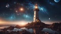 A fantasy lighthouse in a cosmic space, with stars, planets, and a comet. Royalty Free Stock Photo