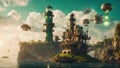 A fantasy lighthouse in a floating city, with steampunk machines, airships, and robots.