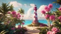 A fantasy lighthouse on a tropical island, with palm trees, flowers,