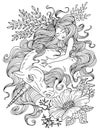 Design line art illustration with hand drawn beautiful fairy girl or princess and magic unicorn Royalty Free Stock Photo