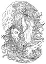 Fantasy line art illustration with beautiful princess girl and unicorn for coloring Royalty Free Stock Photo