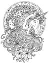 Fantasy line art illustration with beautiful princess girl and unicorn for coloring Royalty Free Stock Photo