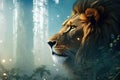 Fantasy lion in a misty forest. Creative 3d digital painting. Ai generative