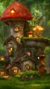 Fantasy little mushroom-like cottage in magical forest