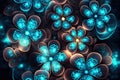 Fantasy luminous flowers, beautiful floral background, top view, generative AI