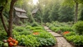 Fantasy lush vegetables and fruits with waterfall showing fairytale farmer home in enchanting nature forest. Generative AI.