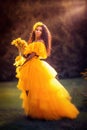 Fantasy magic fairy nymph in yello dress Royalty Free Stock Photo